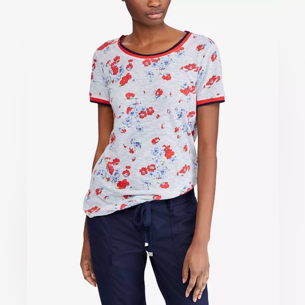Lauren Ralph Lauren Floral Print Navy and Red Floral T- Shirt 100% Cotton XL